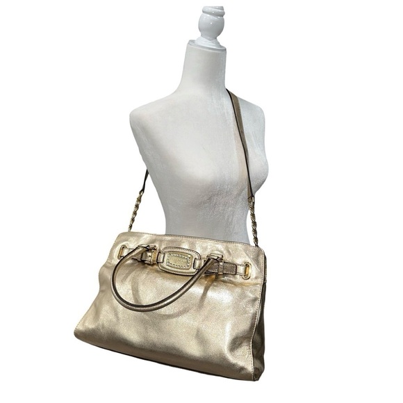Michael Kors MK Satchel Tote Bag Pale Gold Hamilton Leather East West Large - Picture 3 of 16
